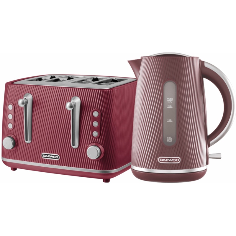 Daewoo Cascade 1.7L  Jug Kettle and 4 Slice Toaster in Ruby with Ribbed Texture Design