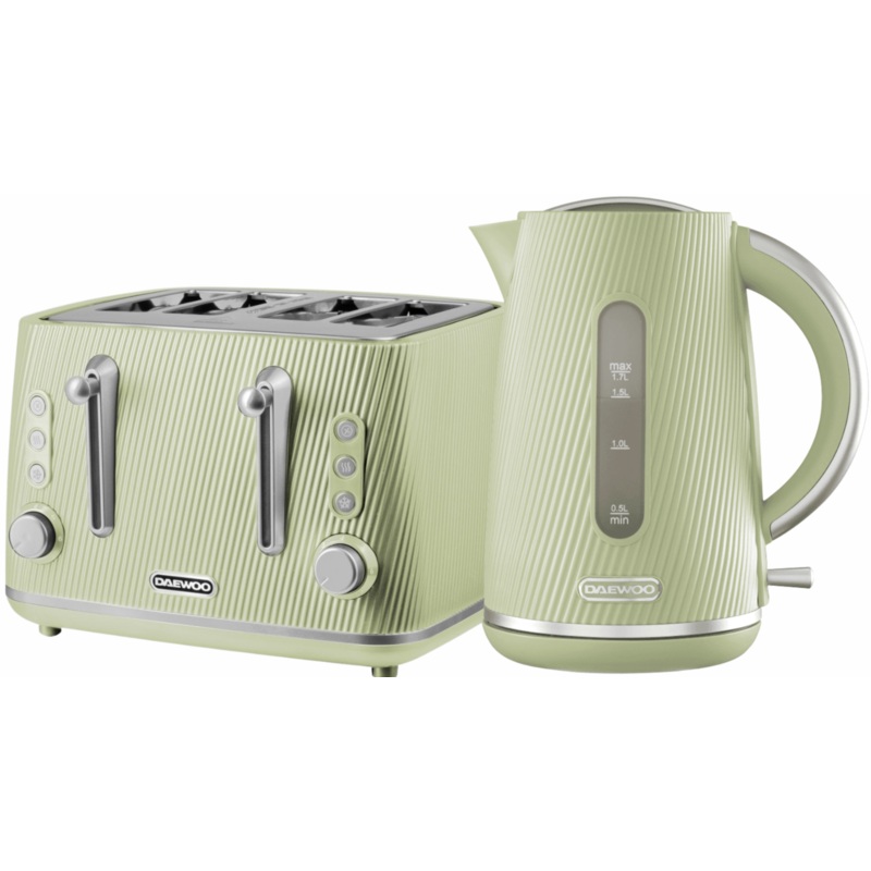 Daewoo Cascade 1.7L  Jug Kettle and 4 Slice Toaster in Sage with Ribbed Texture Design