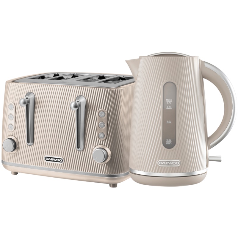 Daewoo Cascade 1.7L  Jug Kettle and 4 Slice Toaster in Taupe with Ribbed Texture Design