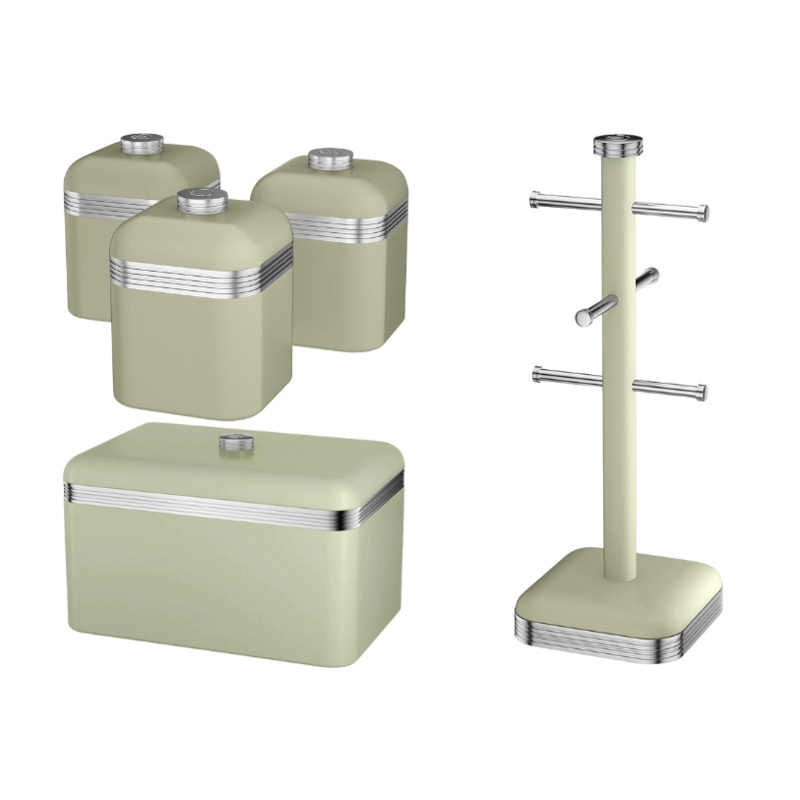 Swan Retro Green Bread Bin, Tea, Coffee, Sugar Canisters and Mug Tree Kitchen Storage Set
