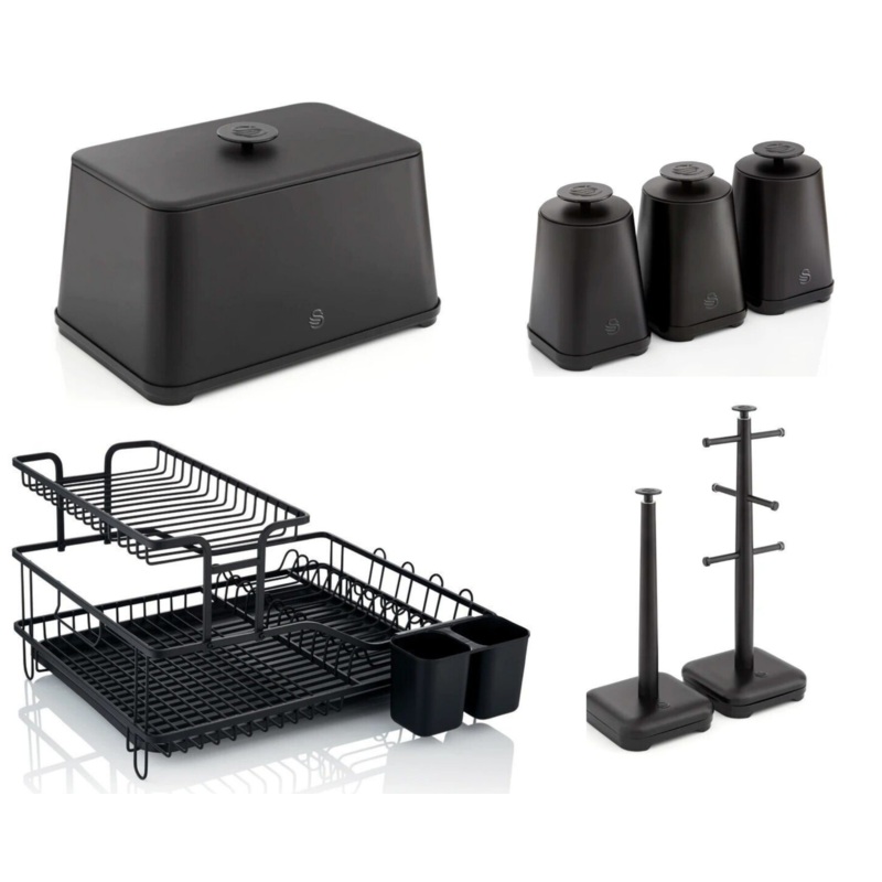 Swan Stealth Black Kitchen Breadbin, Canisters, Mug Tree, Towel Pole & 15 Plate Dish Rack Matching Set