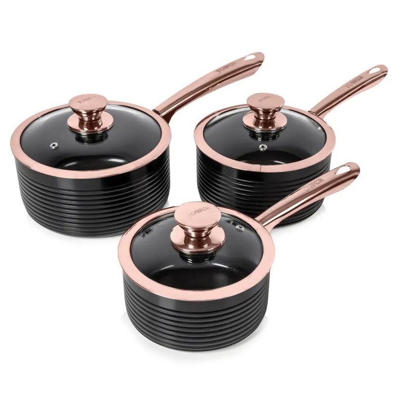 Tower Linear 3 Piece Pan Set with 3 Sauce Pans Black & Rose Gold T800001RB