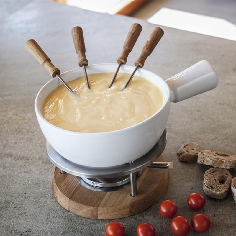 Fondue de cermica blanca y madera de roble Boska