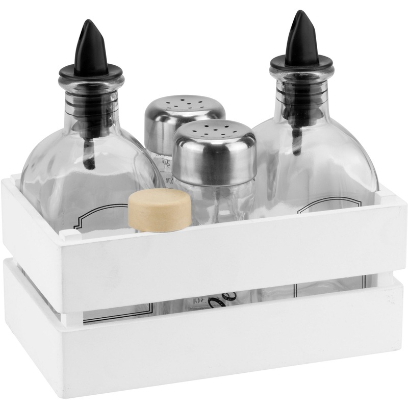 Condiment set 5pieces with wooden crate
