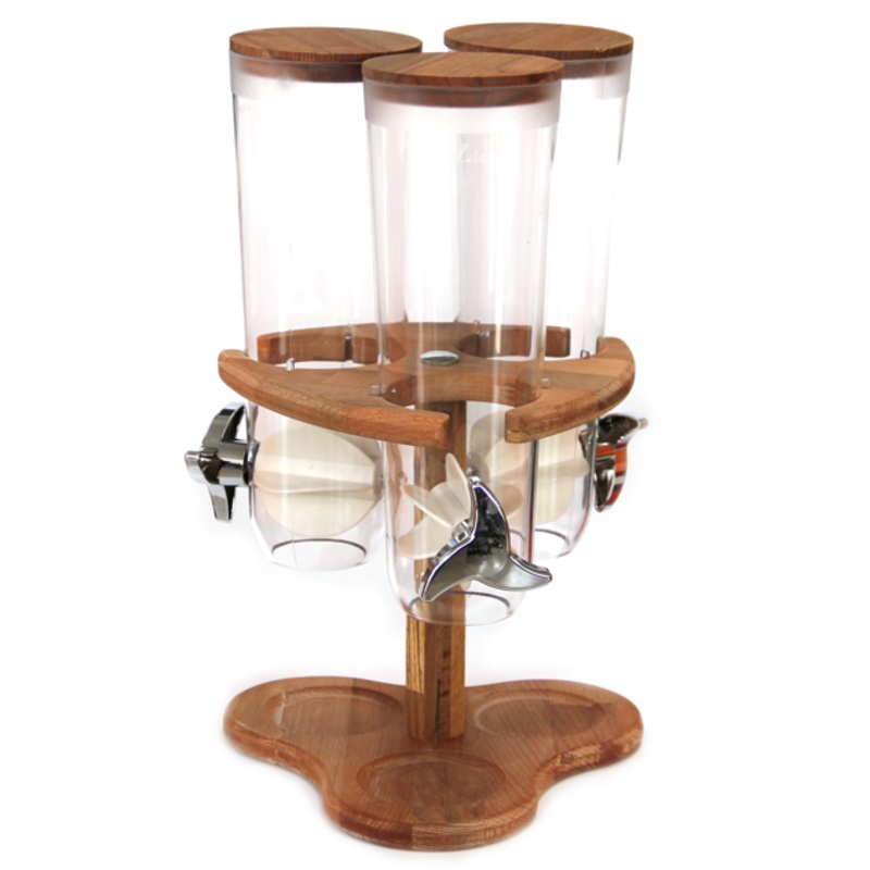 Cereal dispenser with 3 x 2 litre sections on rotating bamboo stand