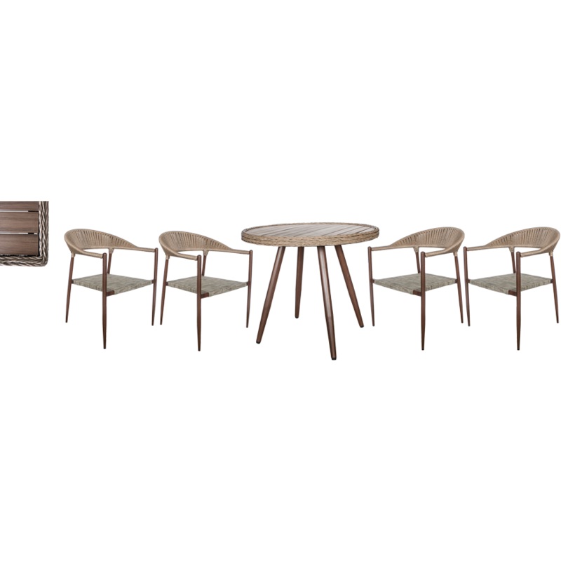 5 piece set metal frame "Plastic Wood Natural" table + 4 chairs