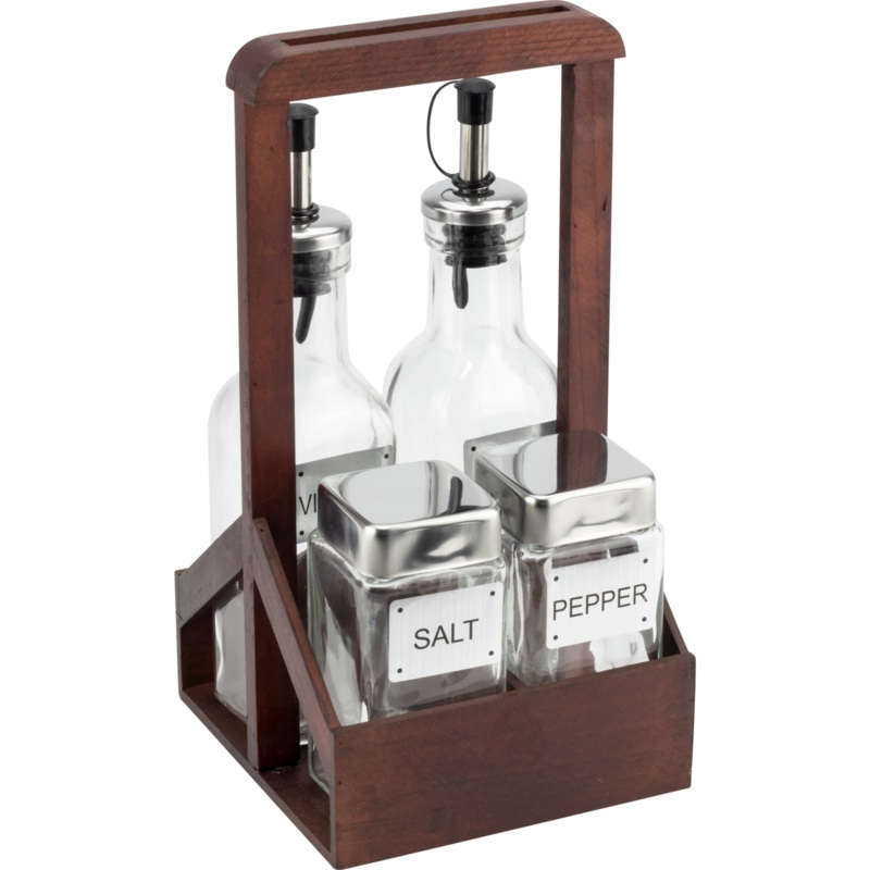 5pcs condiment set with wood stand and handle