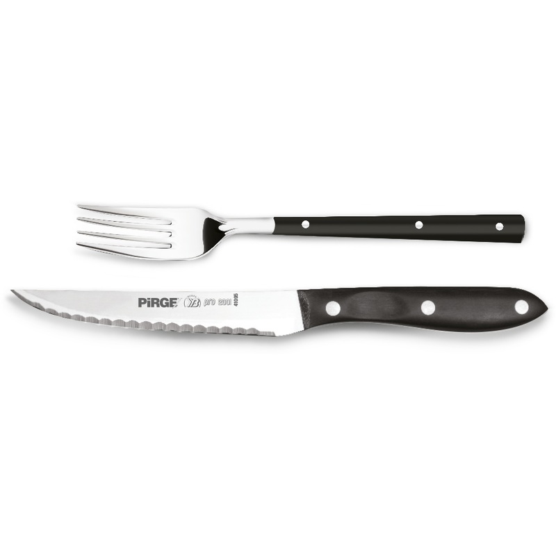Pirge Pro Steak knife and fork set with black handle 12cm