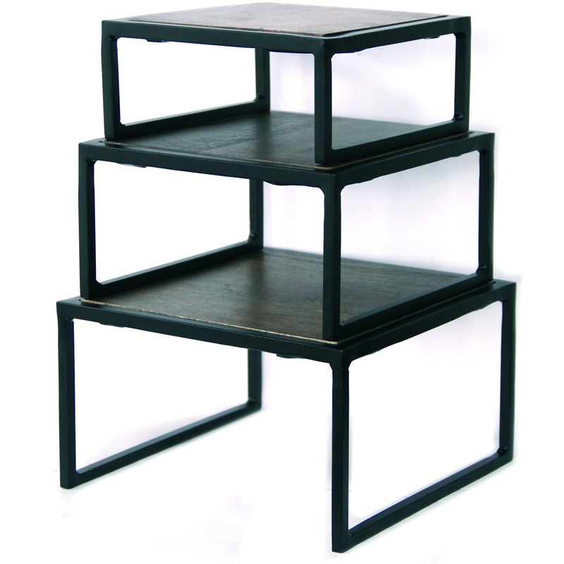 Old School Set of three square rod riser buffet display stands with wood top