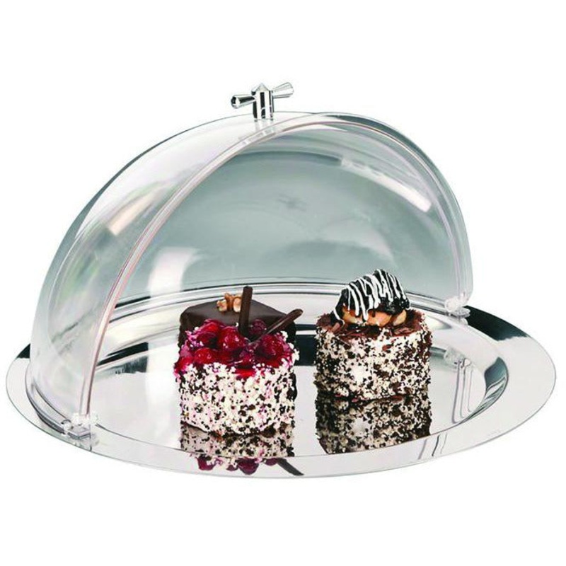 Round stainless steel tray with roll top lid 43cm