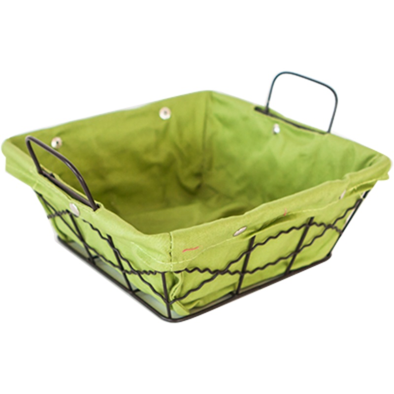 Square metal bread basket with textile liner green 20cm