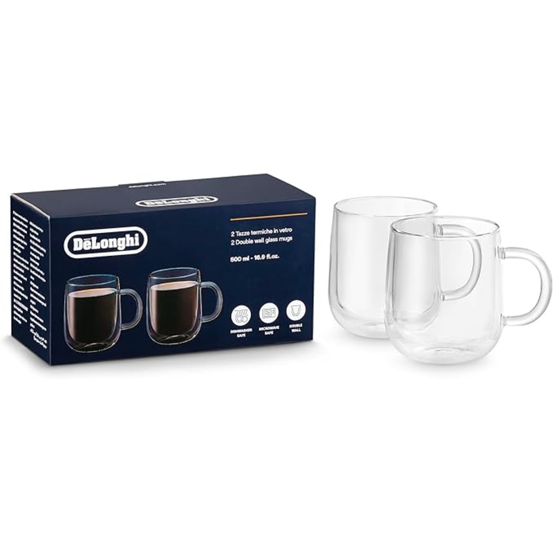 DeLonghi Double Wall Glass Mugs 2x 500ml DLSC327