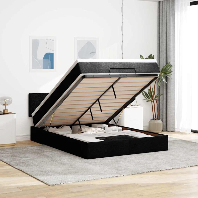 Lit ottoman avec matelas et LED noir 140x200 cm tissu