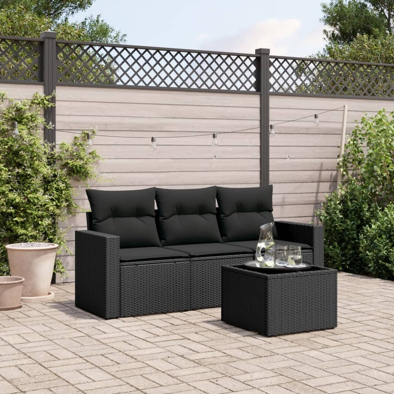 Salon de jardin 4 pcs avec coussins Noir Rsine tresse